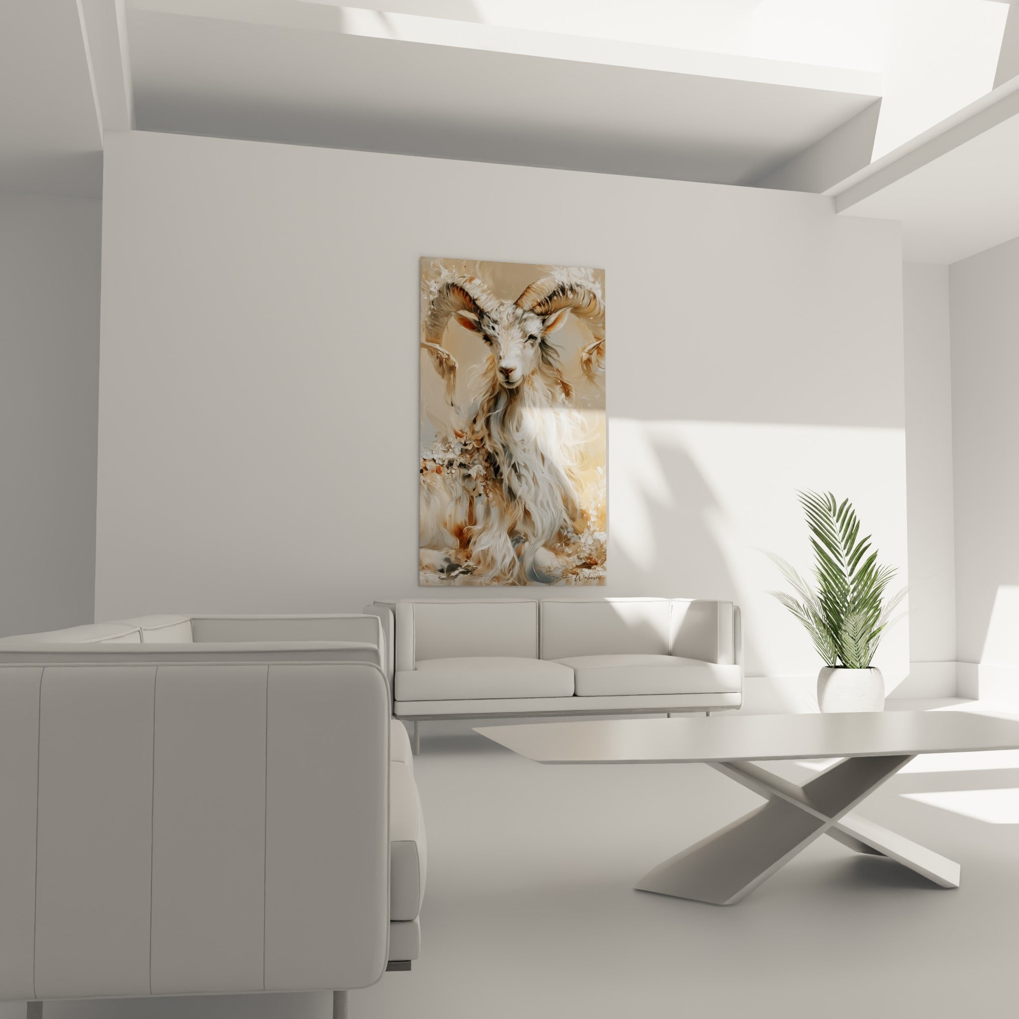 Regard paisible du Bélier beige et brun, mèches texturées, placé au-dessus d'un canapé dans un salon lumineux