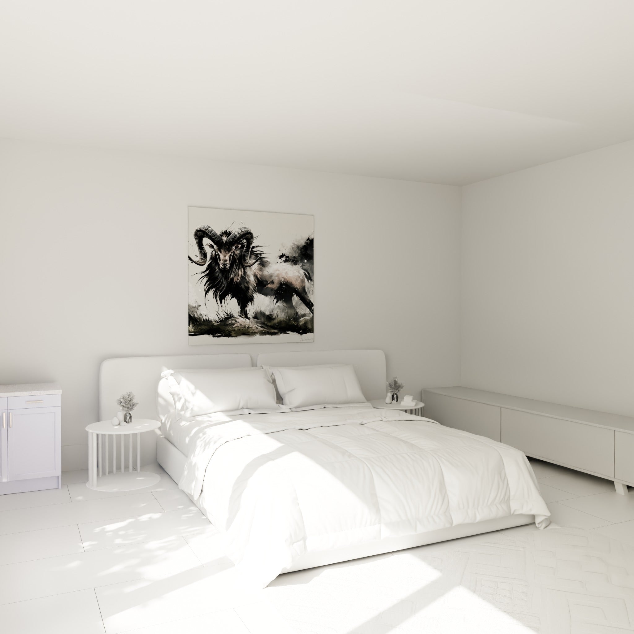 Cornes puissantes et pelage noir du Bélier au-dessus d'un lit dans une chambre claire