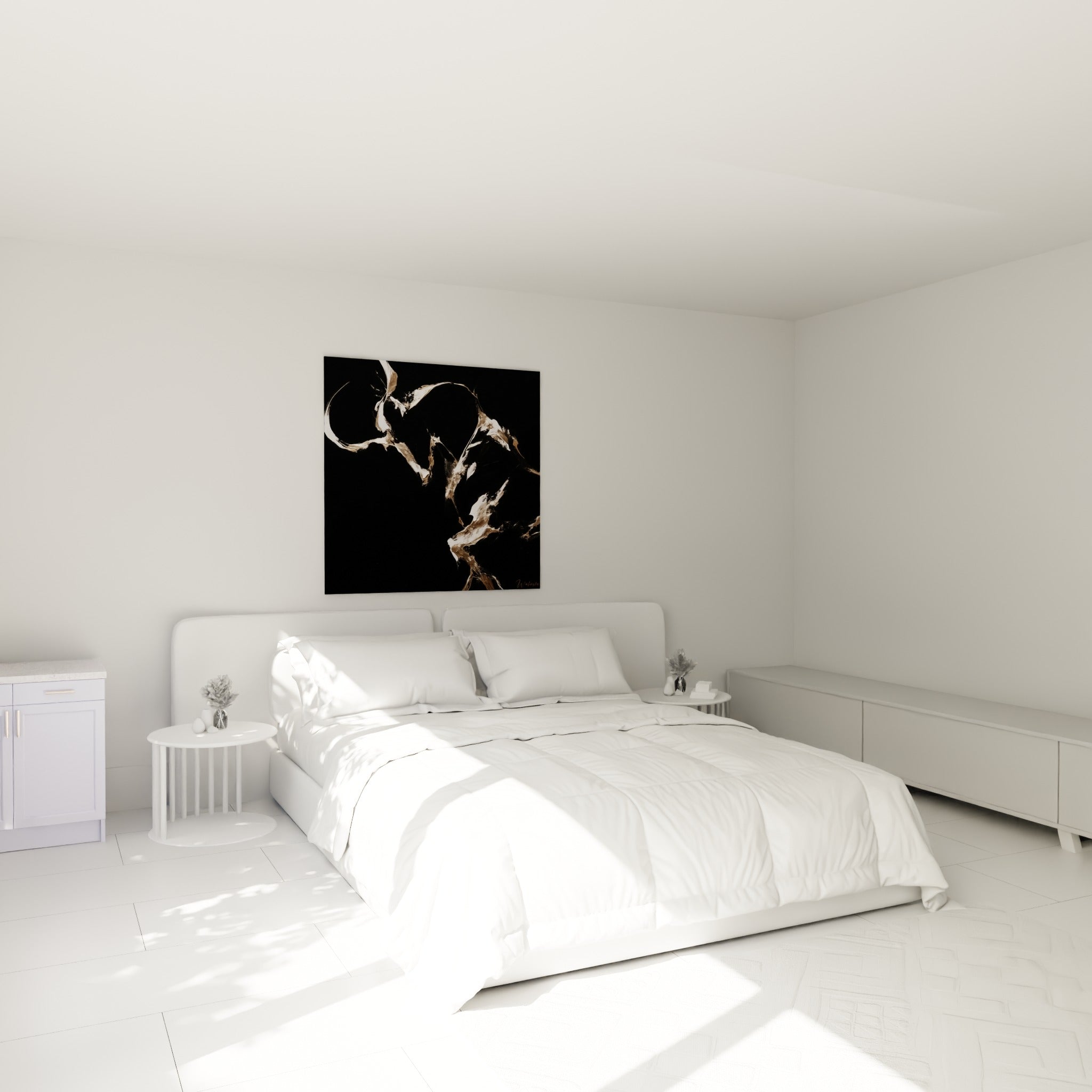 Silhouette du Bélier en blanc et doré au-dessus d'un lit dans une chambre claire