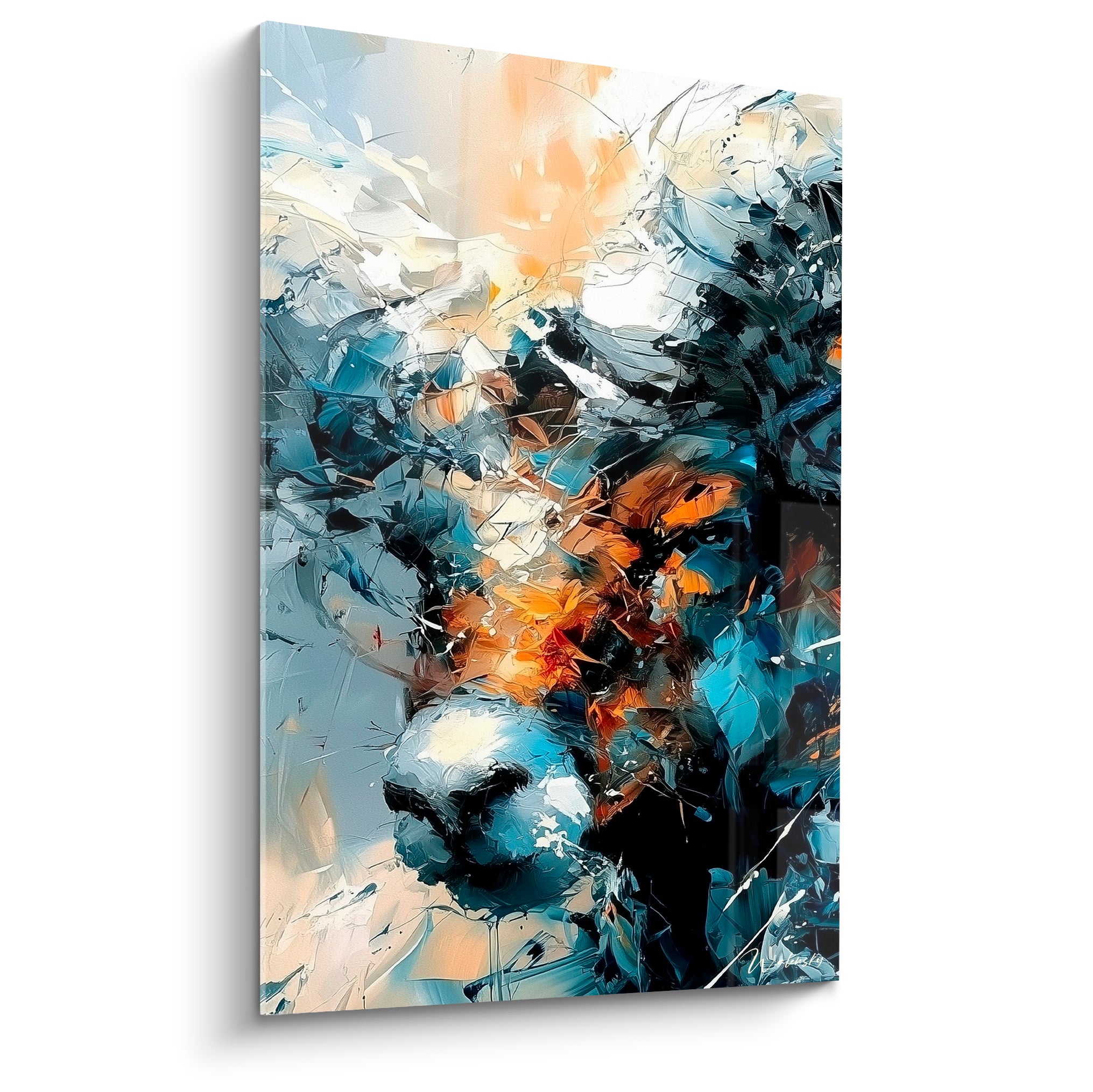 Bélier en gros plan, matière éclatée bleu ardoise et touches ambrées, style pictural intense