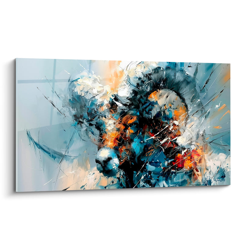 Tableau Bélier bleu ardoise et ocre cornes torsadées - Fureur contenue - Edition Bélier