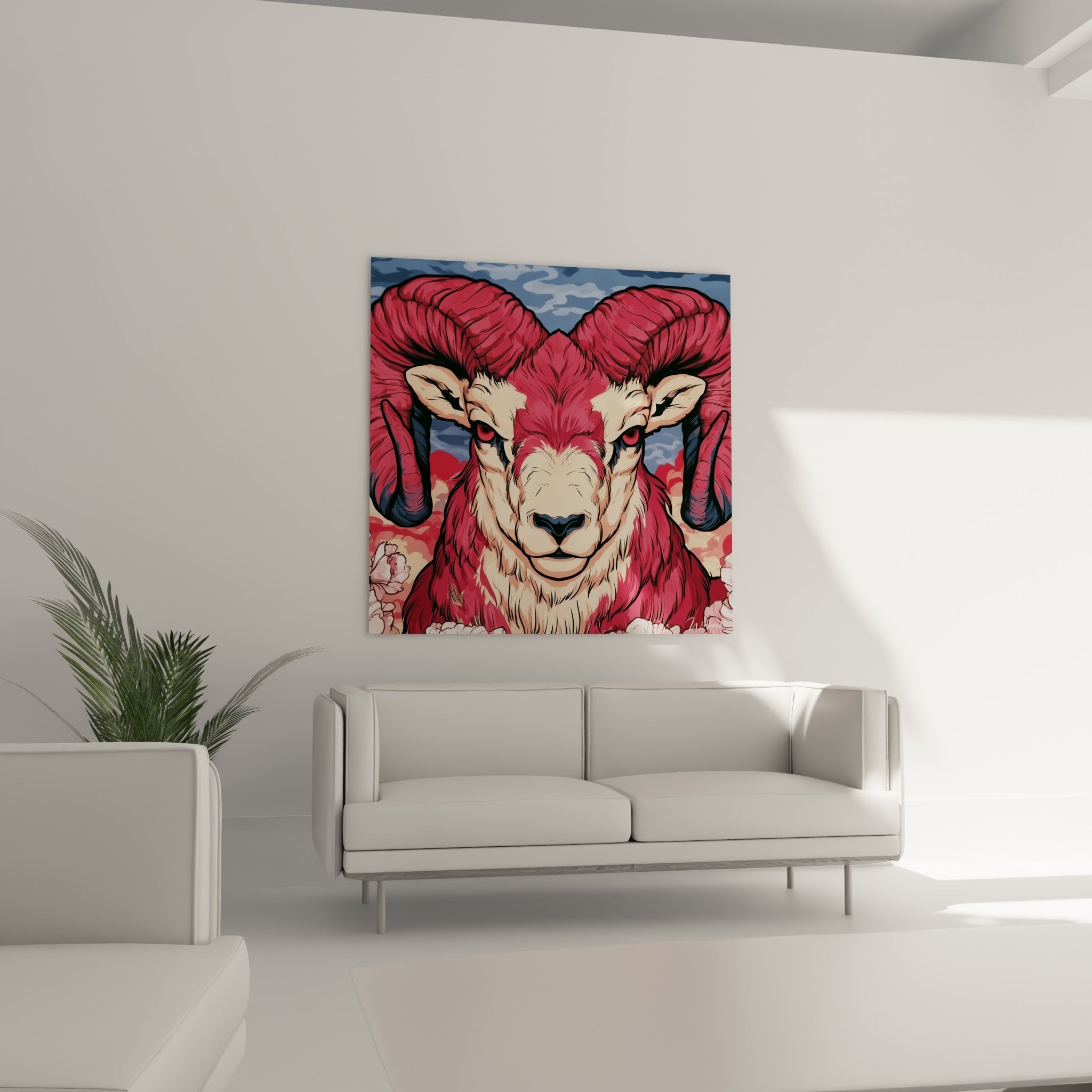 Pelage rose et ciel bleu ardoise du Bélier affiché au-dessus d'un canapé dans un salon lumineux