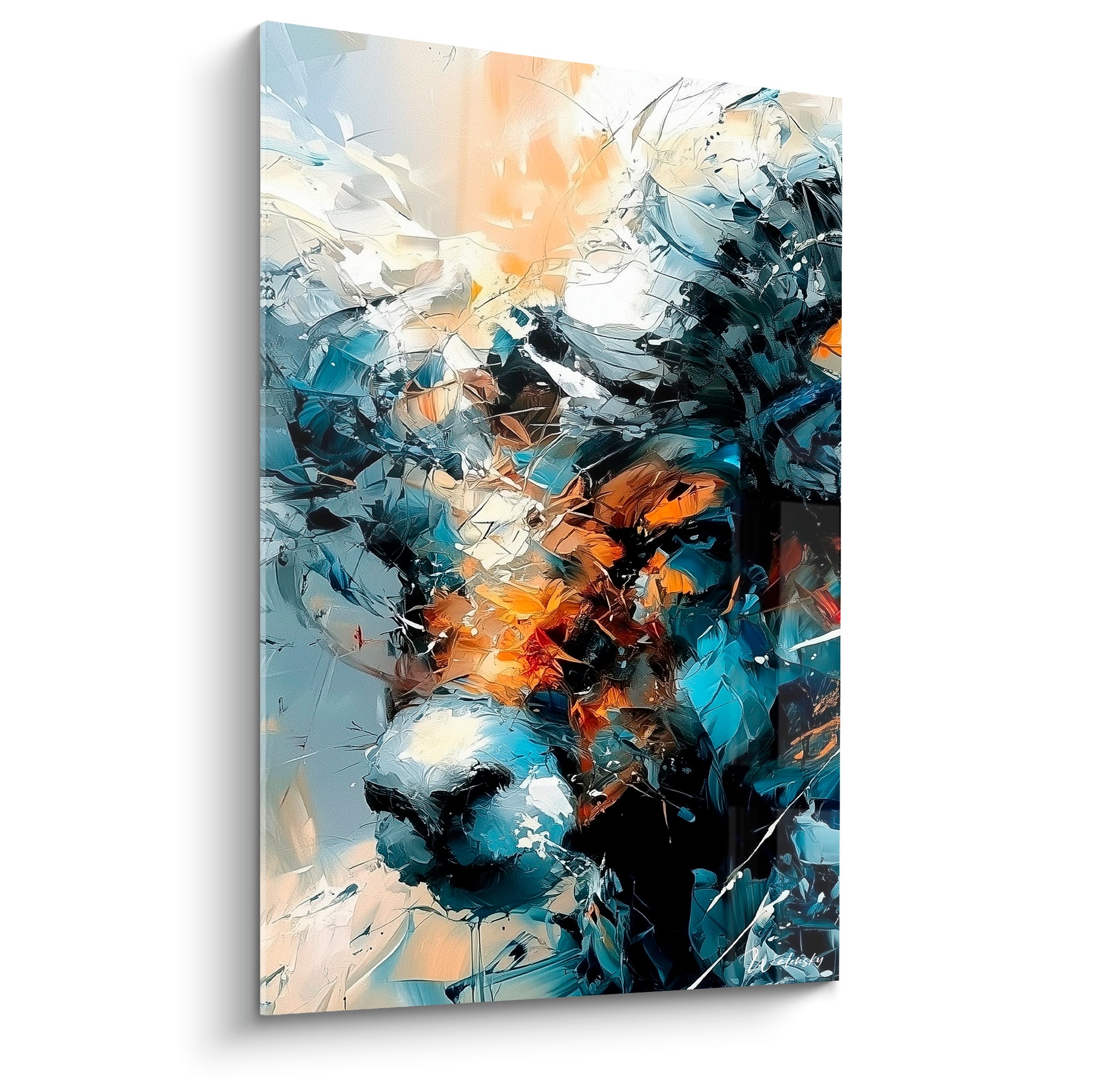 Bélier au museau blanc, cornes bleu ardoise et éclats orange brûlé, matière éclatée au couteau