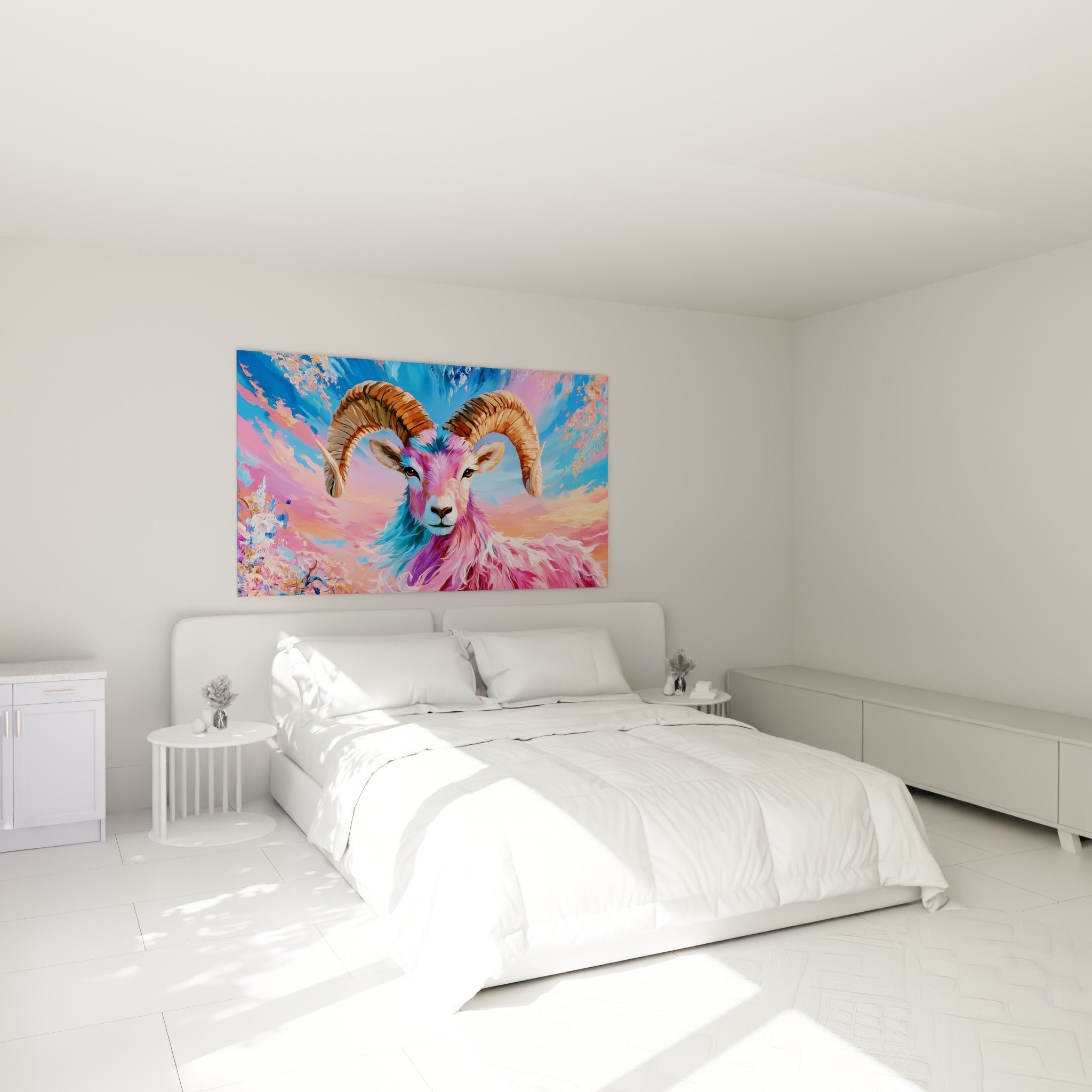 Cornes dorées et pelage rose fusionnent sur ce Bélier, accroché au-dessus d'un lit dans une chambre claire