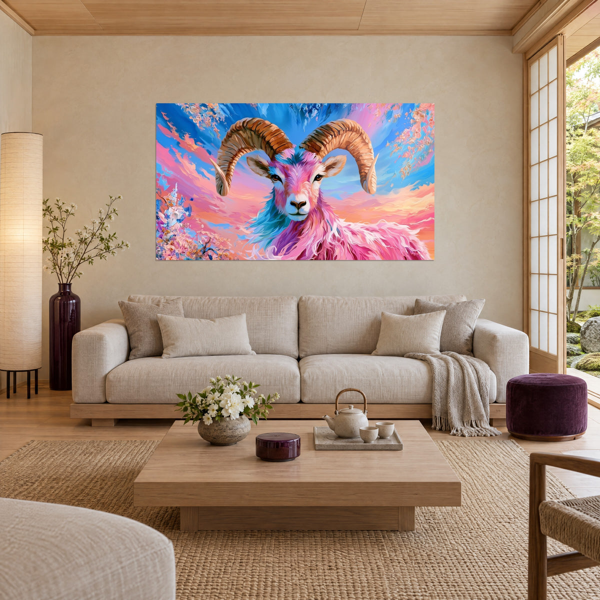 Wall art ram with spiraled bronze horns, pink and turquoise fur against a blue sky, hanging above a sofa in a bright living room