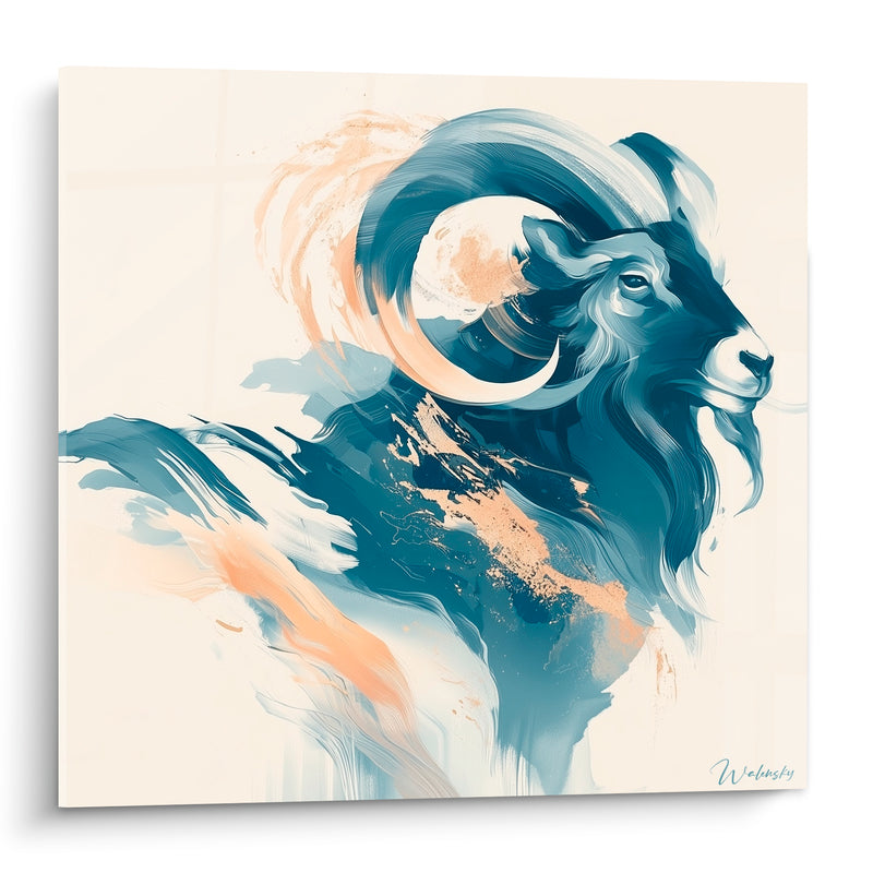 Tableau Bélier bleu marine et doré cornes torsadées - Souffle silencieux - Edition Bélier