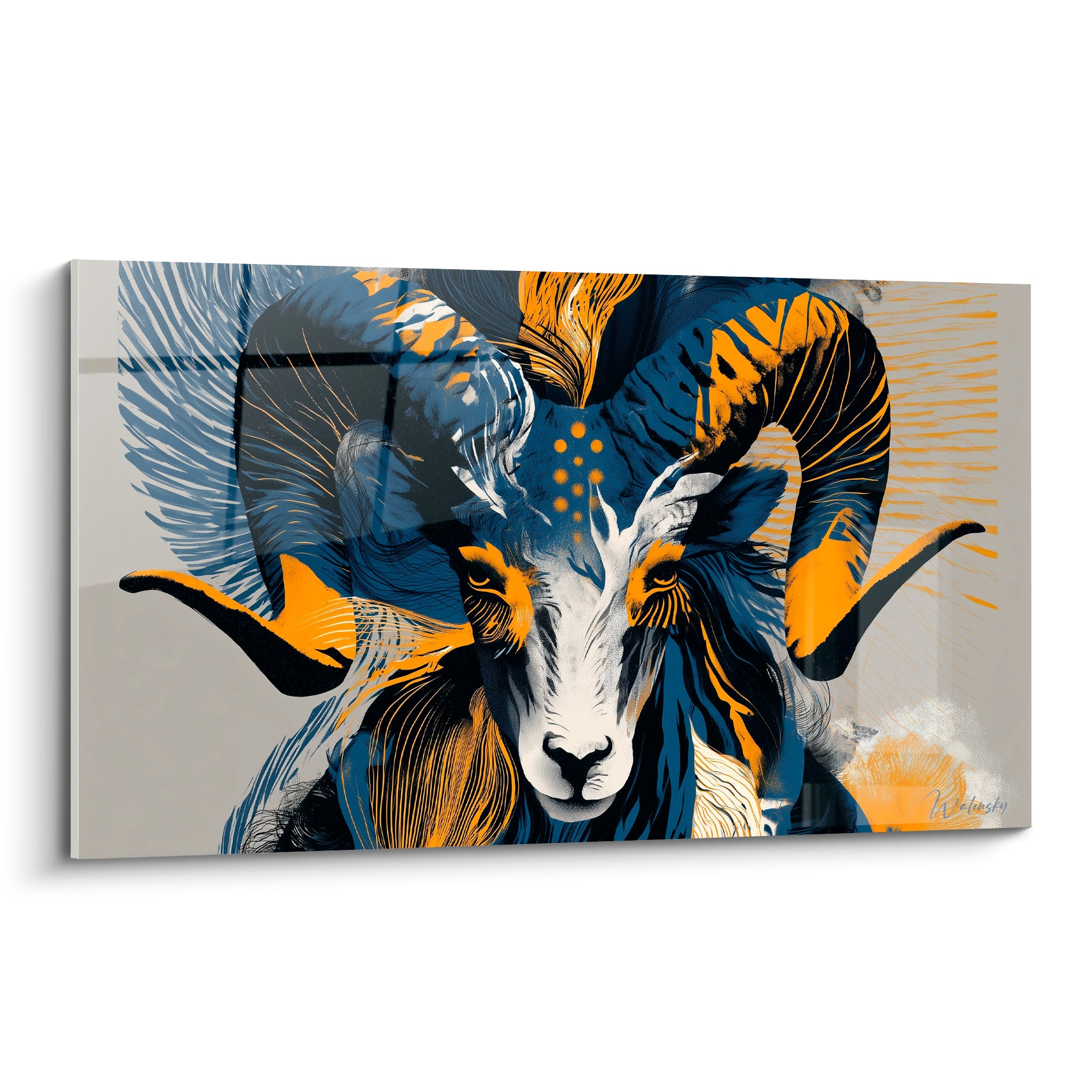 Bélier au regard ocre et cornes bleu marine sculptées, fond gris épuré, style graphique