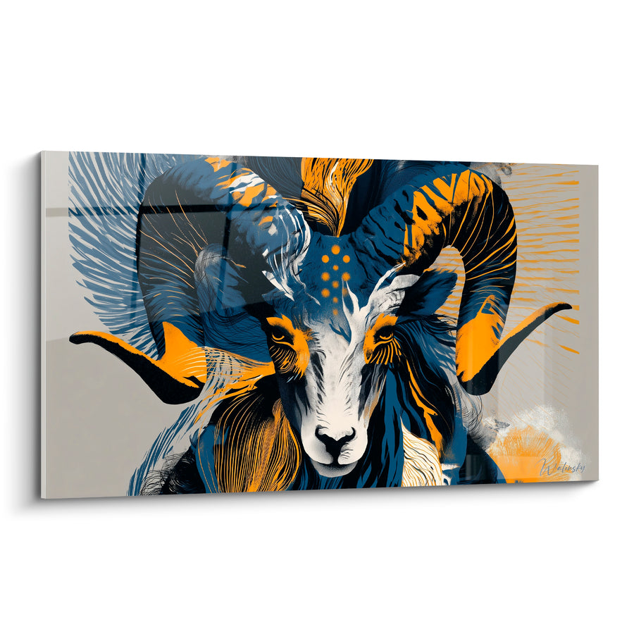 Tableau Bélier bleu marine et ocre cornes graphiques - Vigueur ancestrale - Edition Bélier