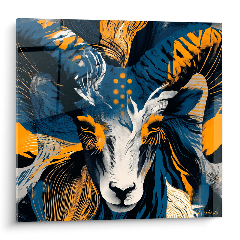 Tableau Bélier bleu marine et orange cornes graphiques - Souverain des cimes - Edition Bélier