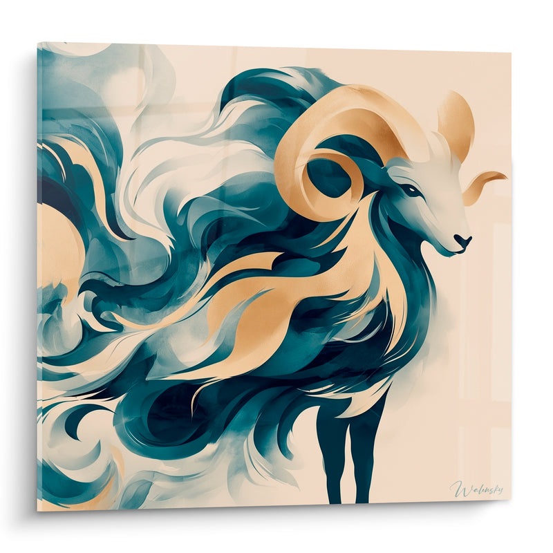 Tableau Bélier bleu marine et doré crinière tourbillonnante - Souffle de puissance - Edition Bélier
