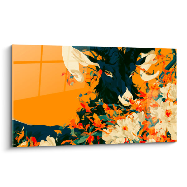 Cuadro de Berrendo Azul Marino y Fondo Ocre Floral - Despertar Floral Misterioso - Edición Berrendo