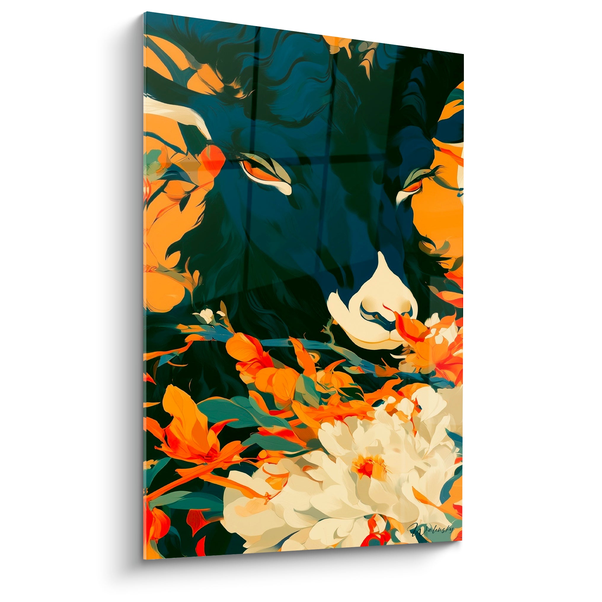 Bélier dissimulé aux yeux perçants, fond bleu marine, fleurs orange et crème en pleine floraison