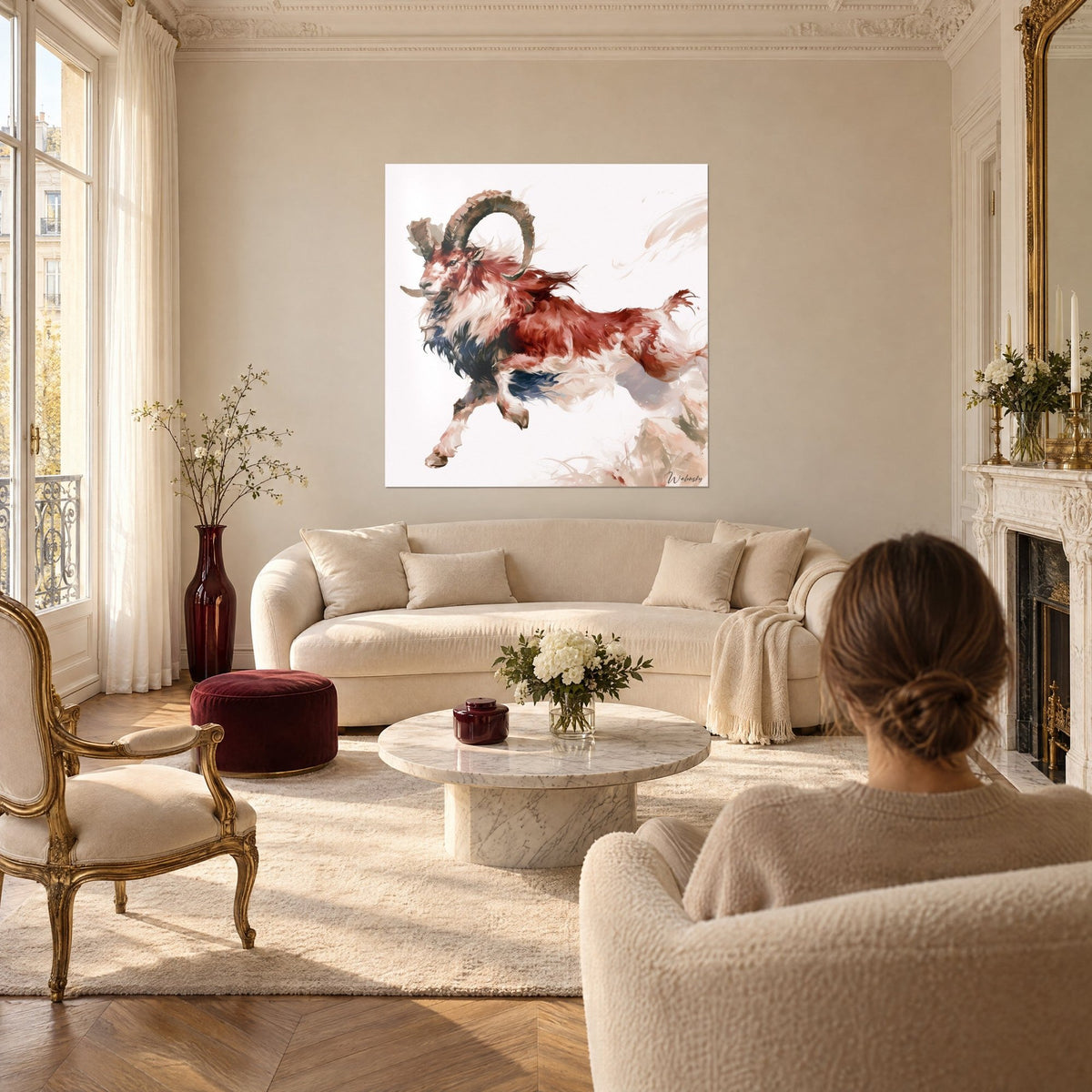 Schilderij van een springende ram met spiraalvormige hoorns, baksteenrood en marineblauw vacht, in een lichte salon in Haussmann-stijl