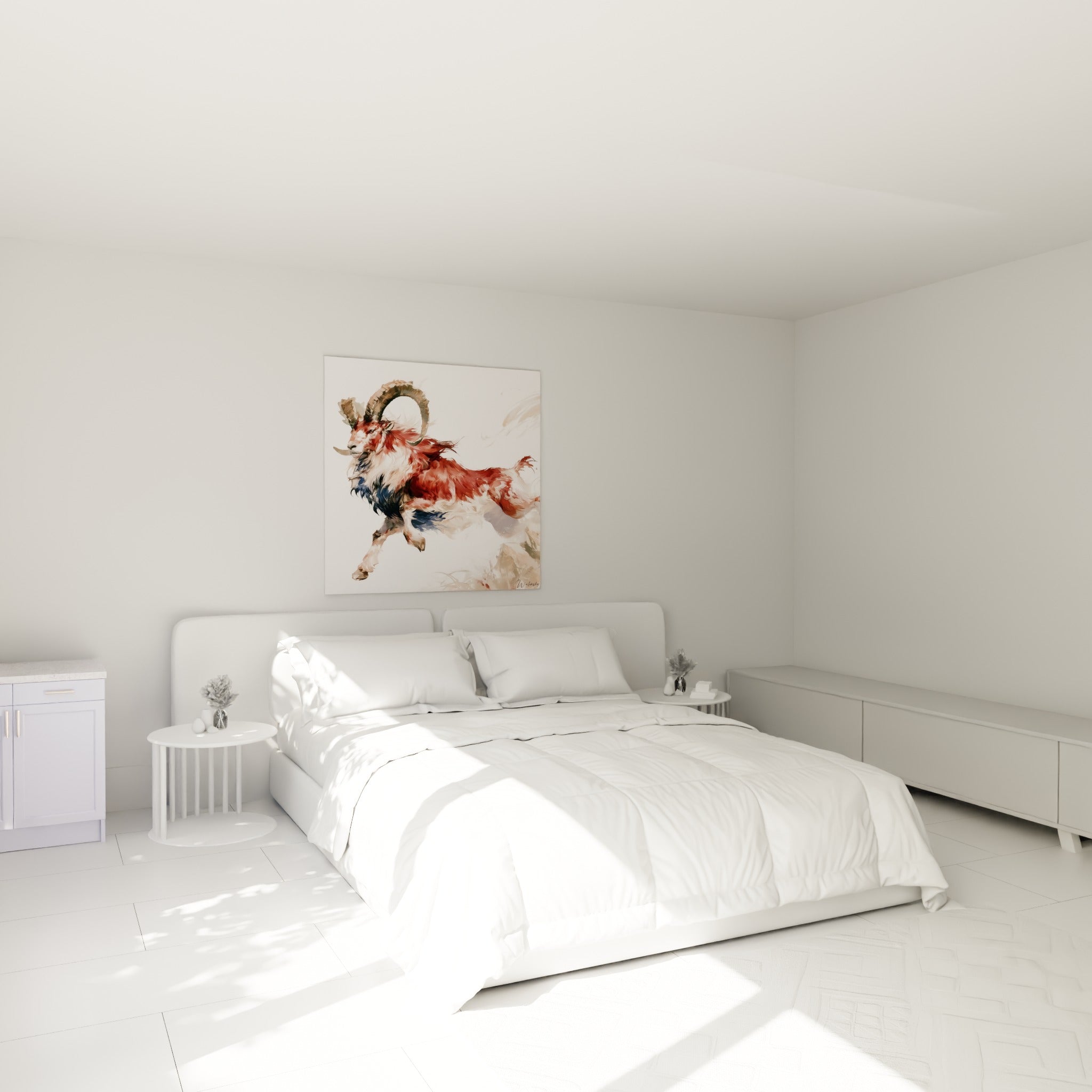 Silhouette animale rouge brique en plein saut, accents bleu marine, au-dessus d'un lit dans une chambre claire