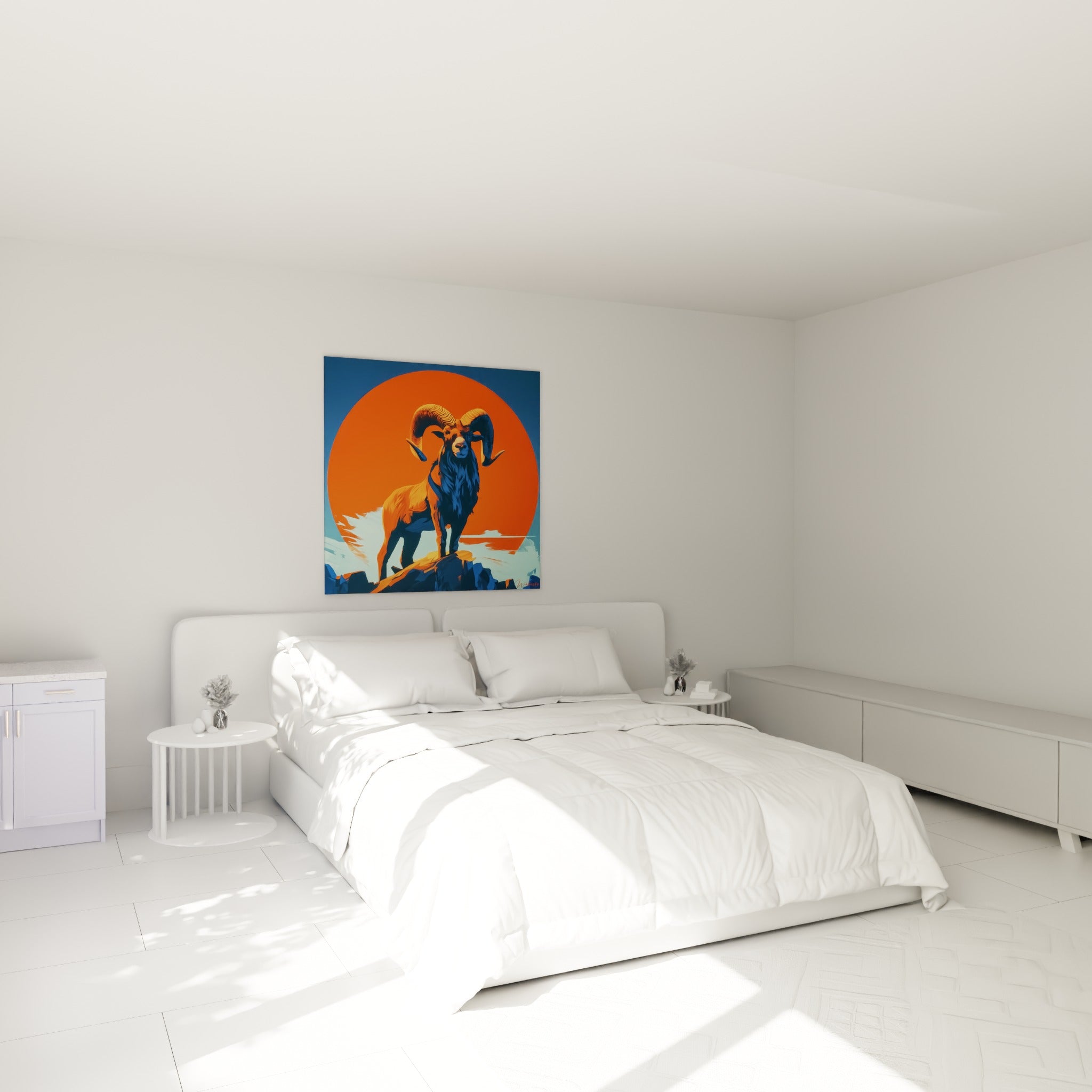 Silhouette fauve et bleu marine du bélier accrochée au-dessus d'un lit dans une chambre claire