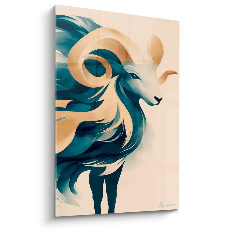 Tableau Bélier bleu pétrole et crème crinière fumée - Voile atmosphérique - Edition Bélier