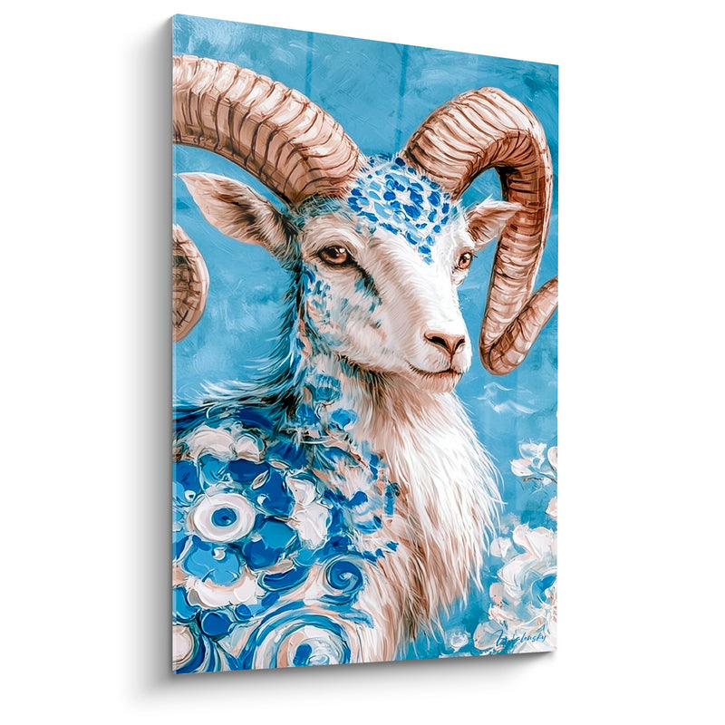 Tableau Bélier cornes beige fleurs bleu porcelaine - Noblesse céleste - Edition Bélier