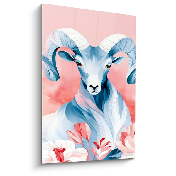 Cuadro Borrego azul empolvado y coral flores blancas - Ramo primaveral - Edición Borrego