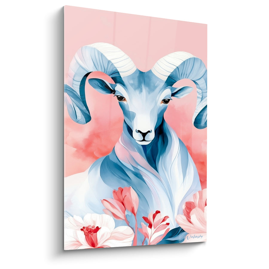 Tableau Bélier bleu poudré et corail fleurs blanches - Bouquet printanier - Edition Bélier