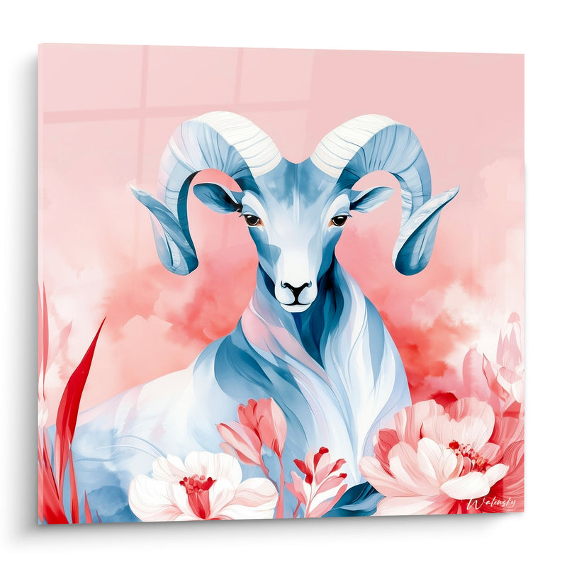 Tableau Bélier bleu poudré fond rose corail fleuri - Gardien printanier - Edition Bélier