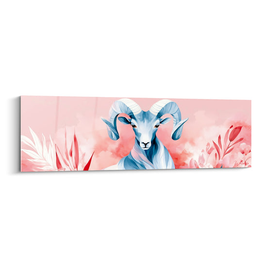 Bélier bleu poudré aux cornes blanches, fond rose corail et feuillages rouges peints