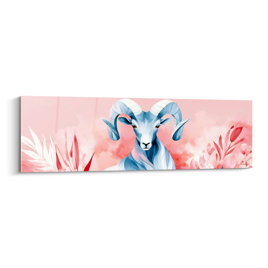 Tableau Bélier bleu poudré et rose corail fleuri - Douceur florale - Edition Bélier