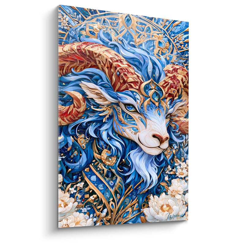 Tableau Bélier bleu et rouge fleurs blanches cristaux - Joyaux scintillants - Edition Bélier