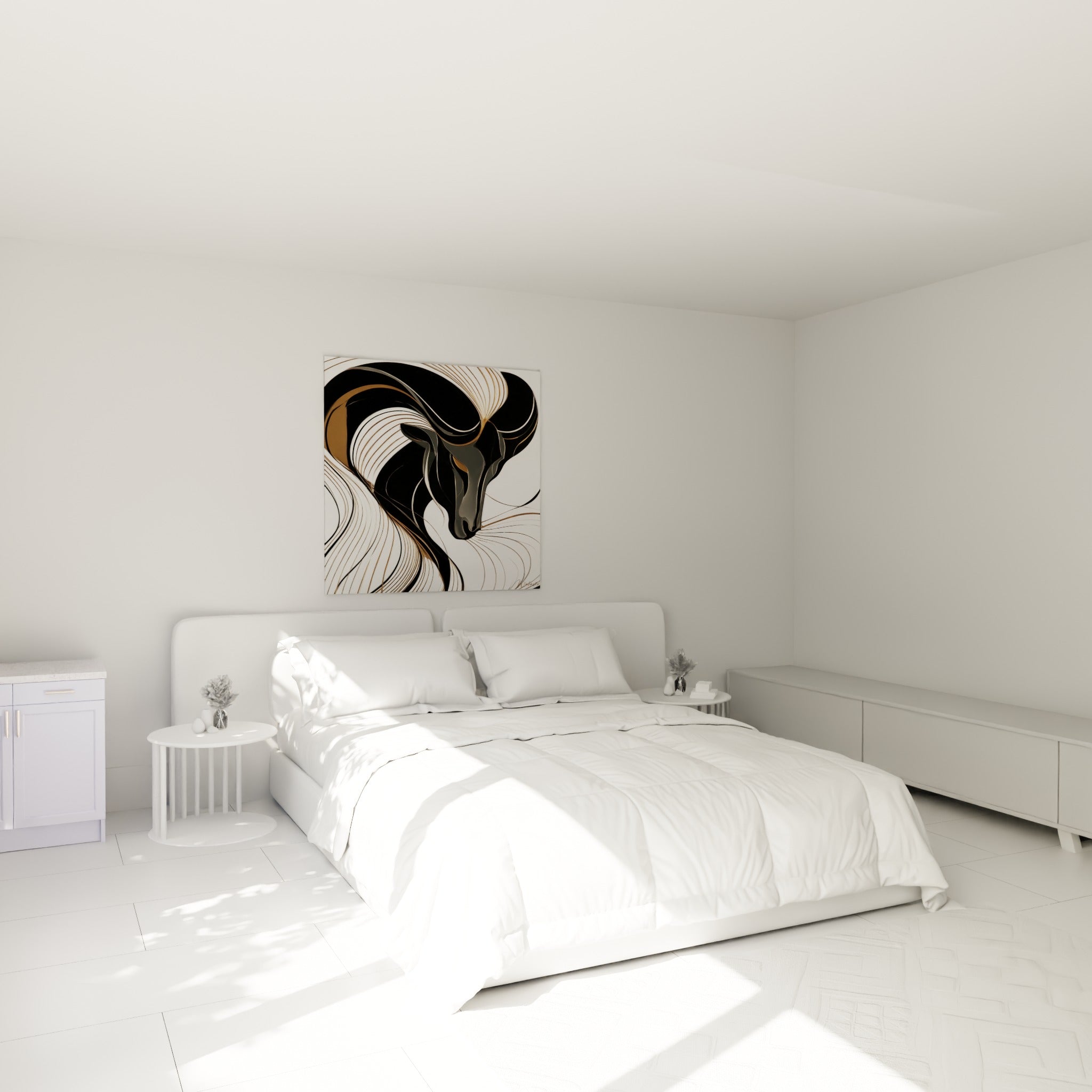 Cornes en spirales noires et bronze du Bélier accrochées au-dessus d'un lit dans une chambre claire