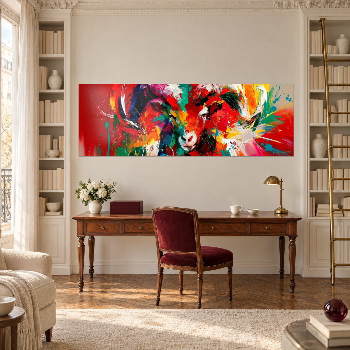 Tableau mouflon abstrait aux touches orange, vert et blanc sur fond rouge, face à un bureau en bois et ses bibliothèques haussmanniennes