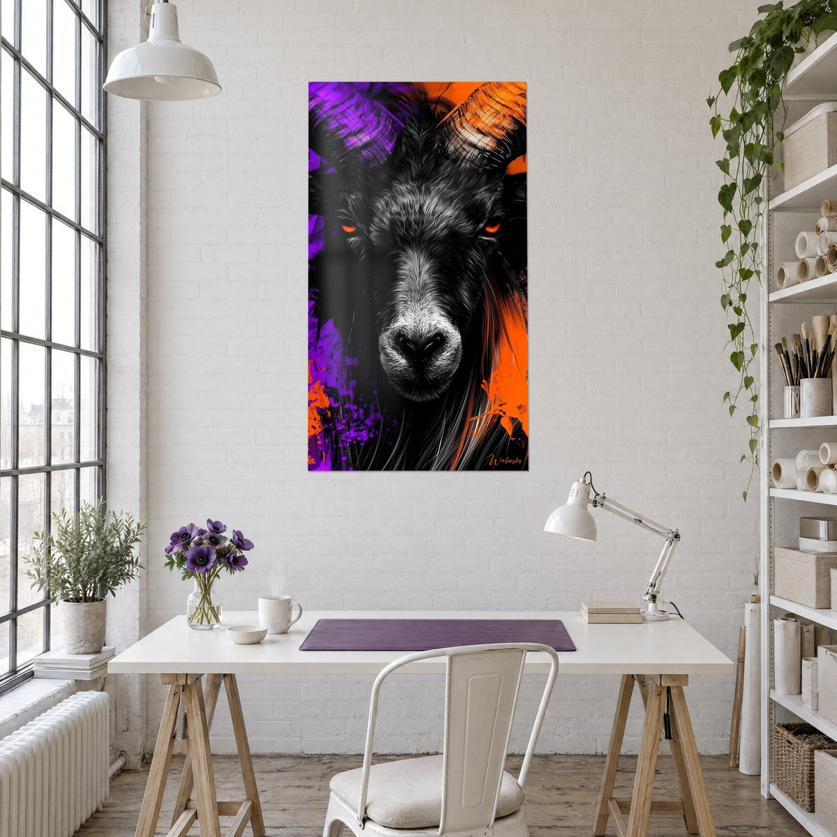 Quadro animale cornuto in bianco e nero, macchie viola e arancio, sopra una scrivania bianca accanto a un cavalletto