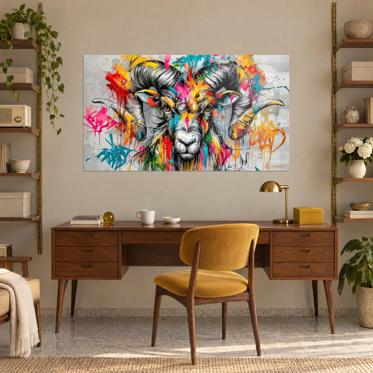 Tableau animal à grandes cornes en spirale, coulures rouges, roses et jaunes sur fond gris, mur beige au-dessus d'un bureau