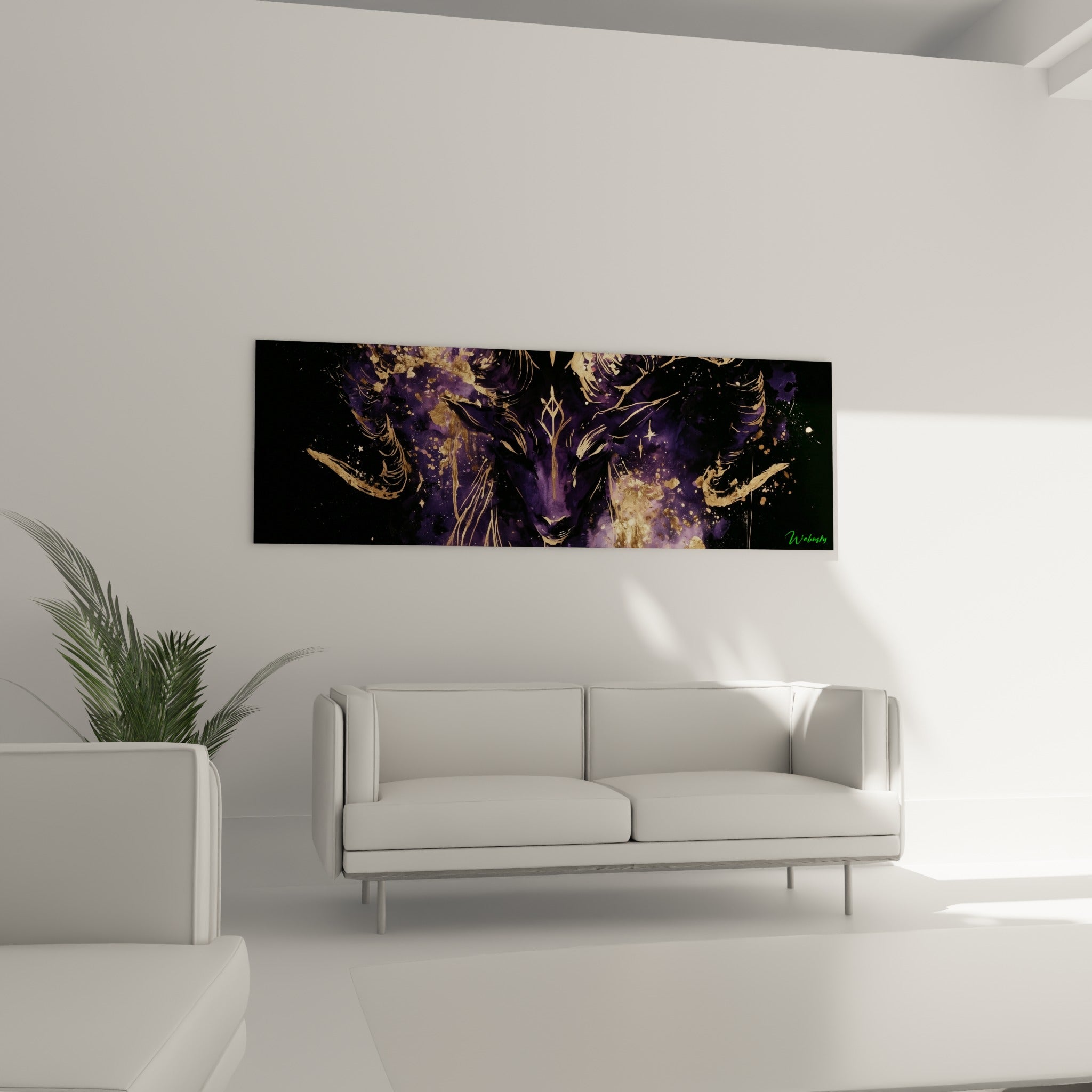 Motifs dorés et violet profond du Bélier céleste installés au-dessus d'un canapé dans un salon lumineux