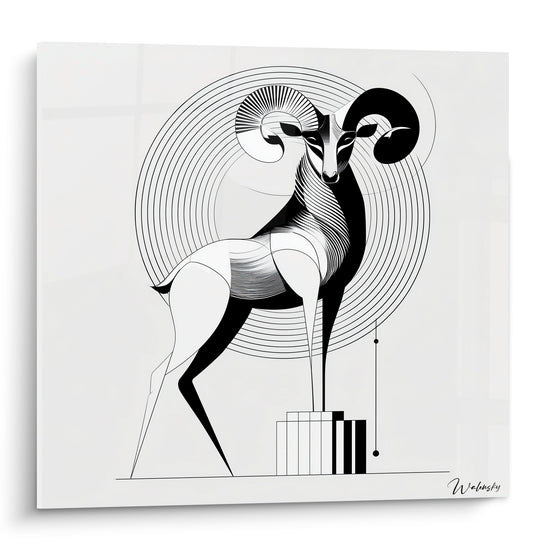 Bélier noir et blanc dressé devant des cercles concentriques hypnotiques, cornes spiralées graphiques