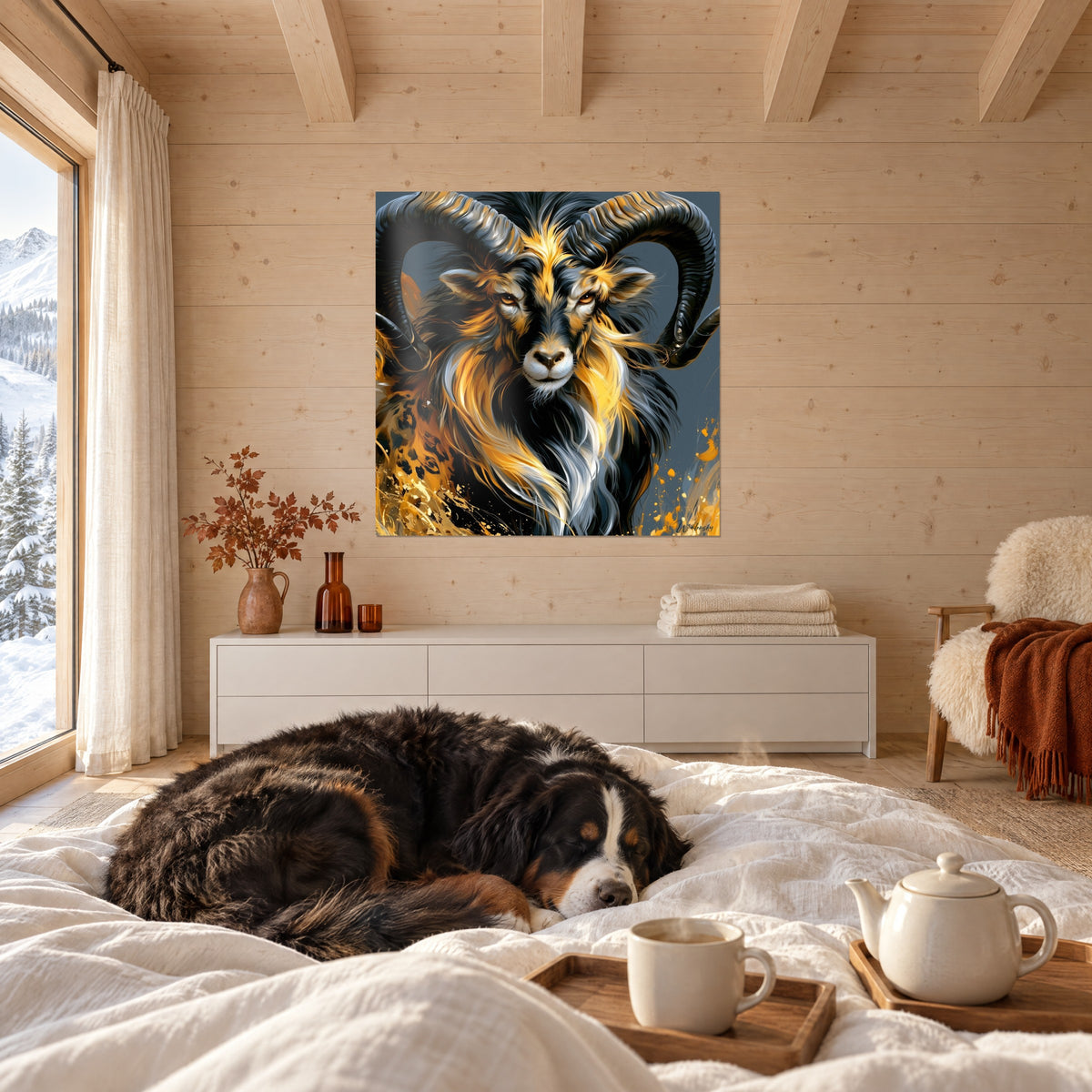 Gemälde kraftvolles Mufflon mit schwarzen Spiralhörnern, goldenen und weißen Strähnen, über einem Bett in einem hellen Schlafzimmer