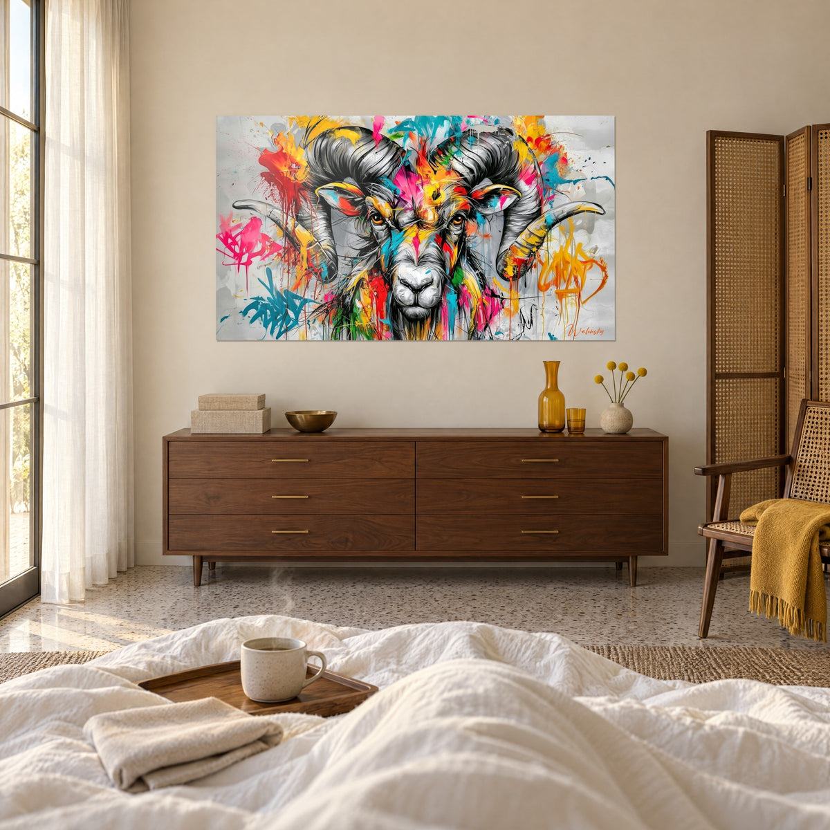 Tableau portrait de bélier aux cornes enroulées, éclats magenta et orange sur gris perle, au-dessus d'un lit dans une chambre claire