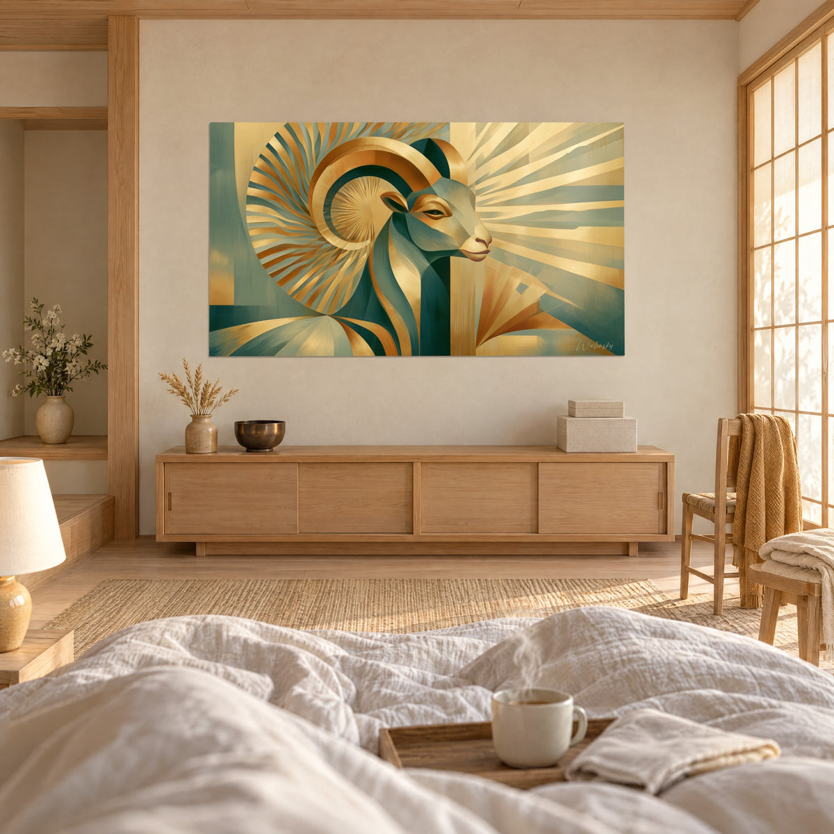 Quadro testa d'ariete in campiture verde salvia e dorate, corno a spirale, raggi di sole, sopra un letto in una camera luminosa