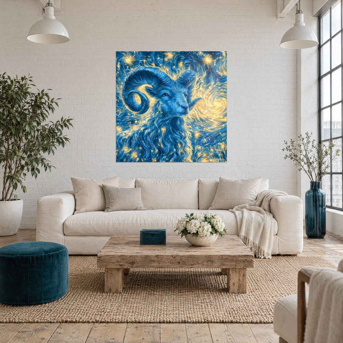 Tableau bélier aux cornes spiralées bleu marine, tourbillon doré en fond, au-dessus d'un canapé dans un salon lumineux