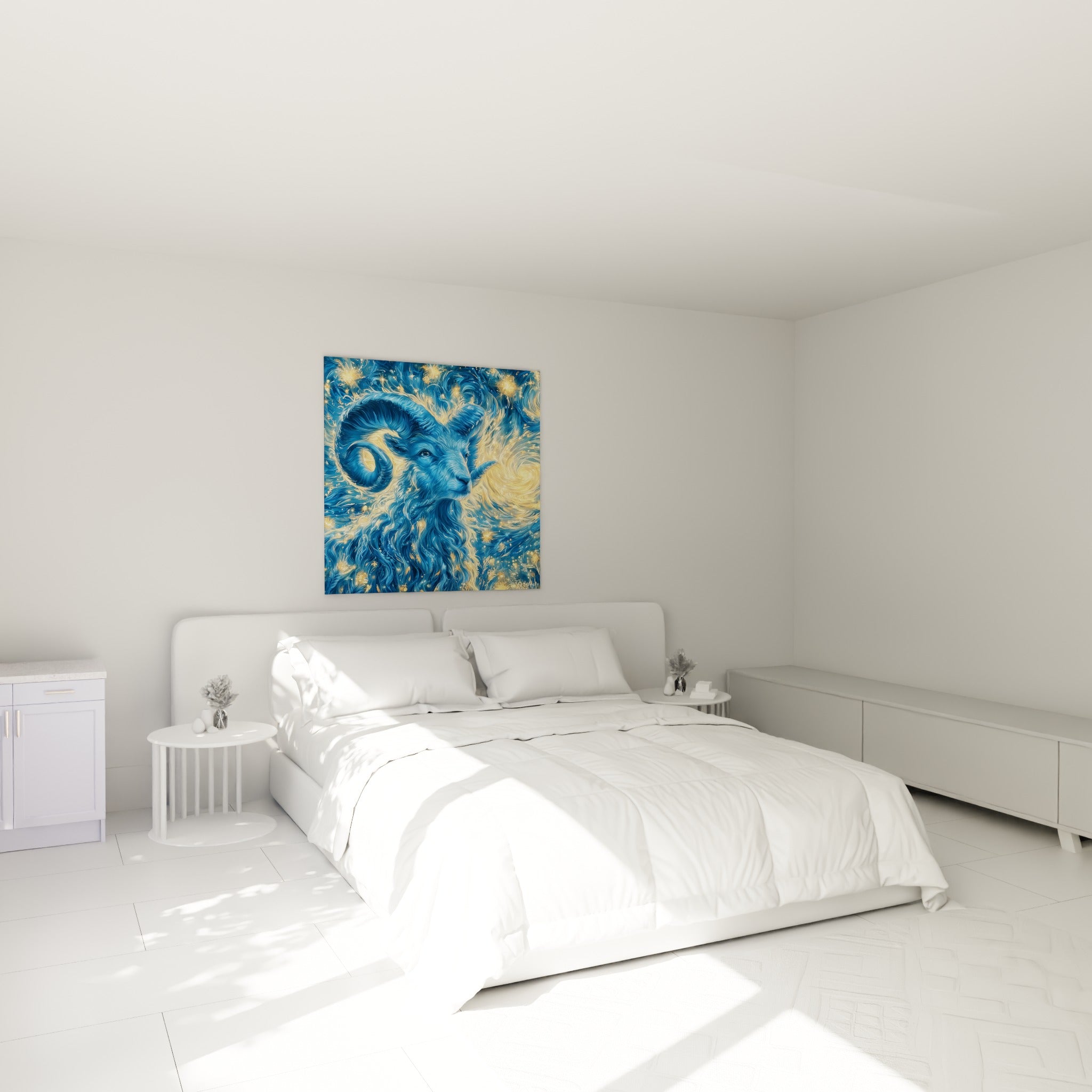 Tête de bélier bleu nuit et doré aux traits tourbillonnants, au-dessus d'un lit dans une chambre claire