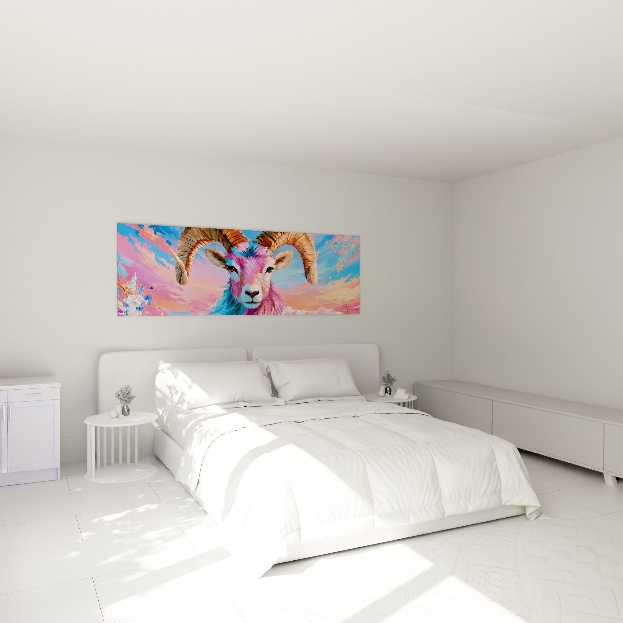 Cornes beige texturées et pelage rose bleuté du Bélier, au-dessus d'un lit dans une chambre claire