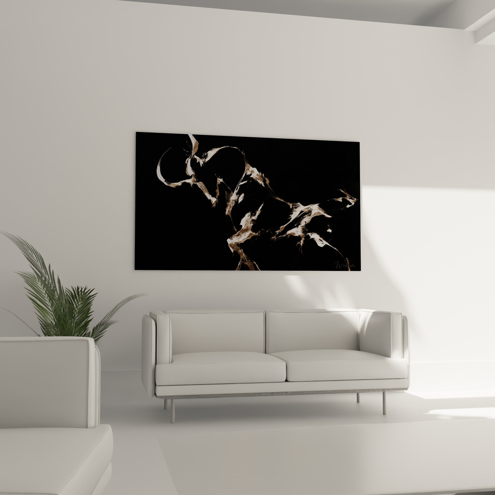 Silhouette du bélier en mouvement, contrastes ivoire et anthracite, au-dessus d'un canapé dans un salon lumineux