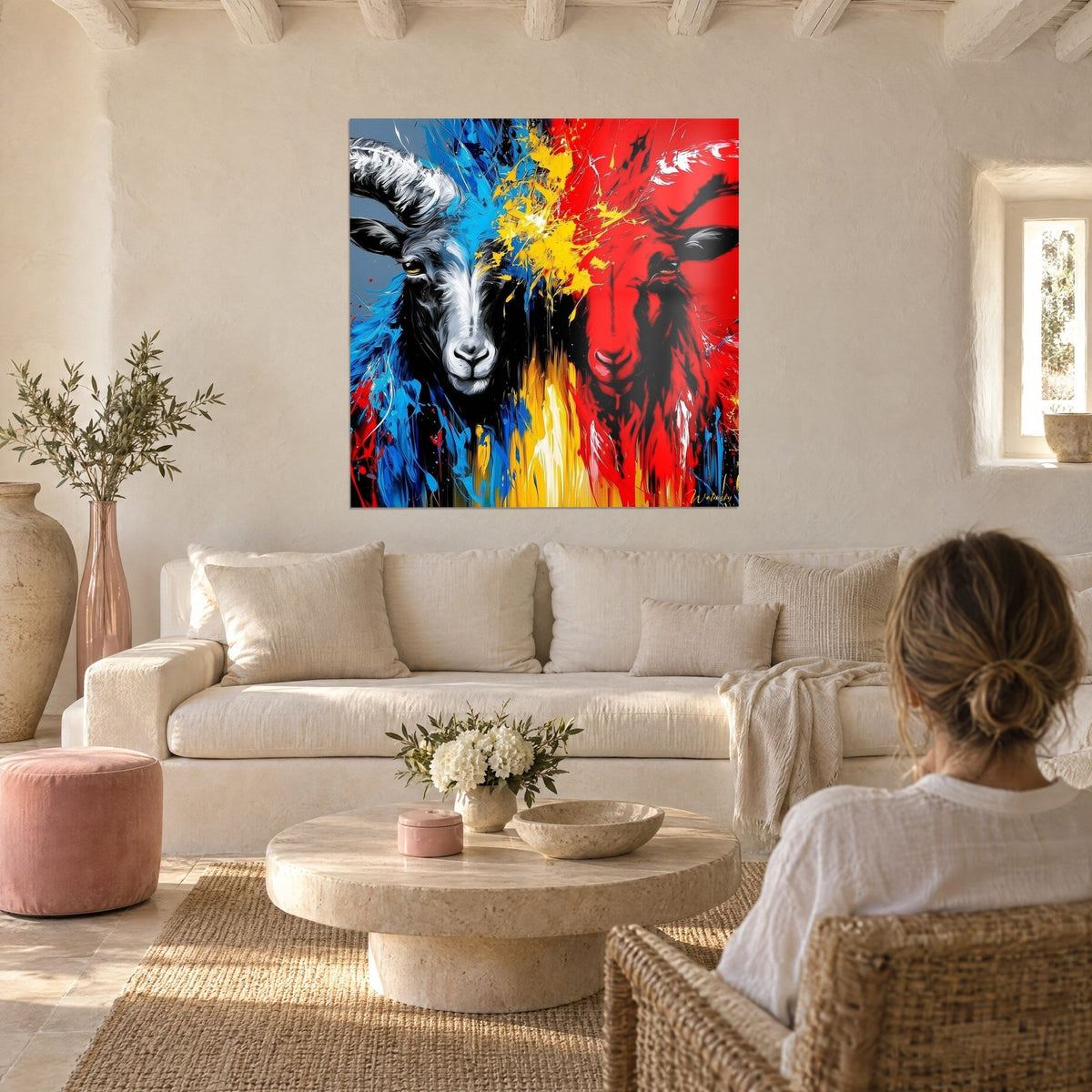 Tableau bélier bleu face au bélier rouge, éclaboussures jaunes au centre, au-dessus d'un canapé dans un salon lumineux