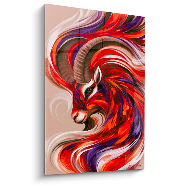 Cuadro de carnero rojo y violeta, melena arremolinada y llameante - Vórtice de llamas - Edición Carnero