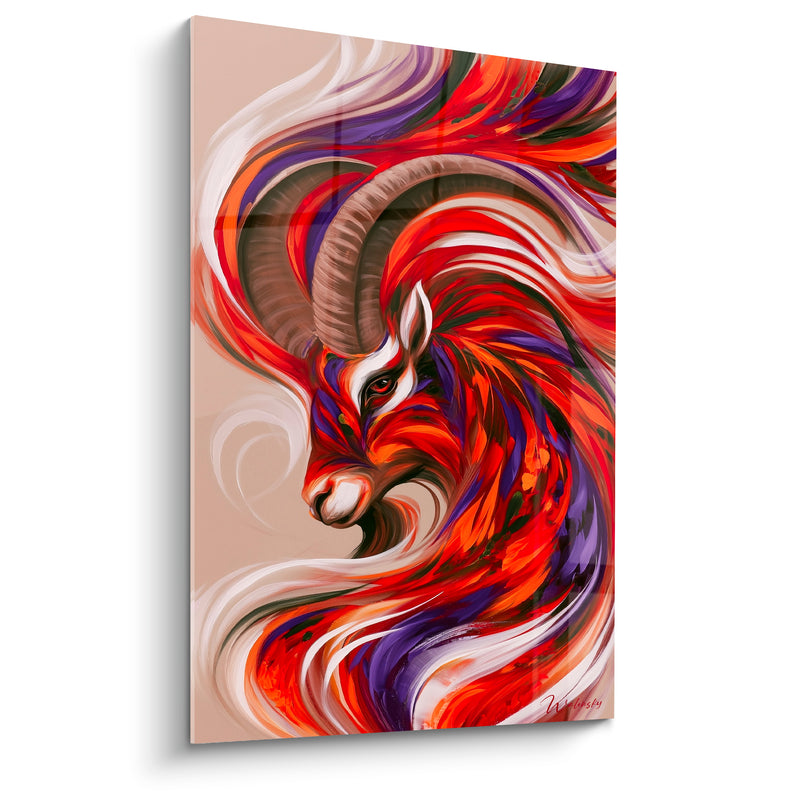 Tableau Bélier rouge et violet crinière tourbillonnante flamboyante - Vortex de flammes - Edition Bélier
