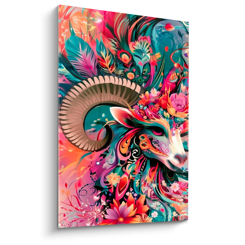 Tableau Bélier corne fauve et fond turquoise floral - Fête tropicale sacrée - Edition Bélier