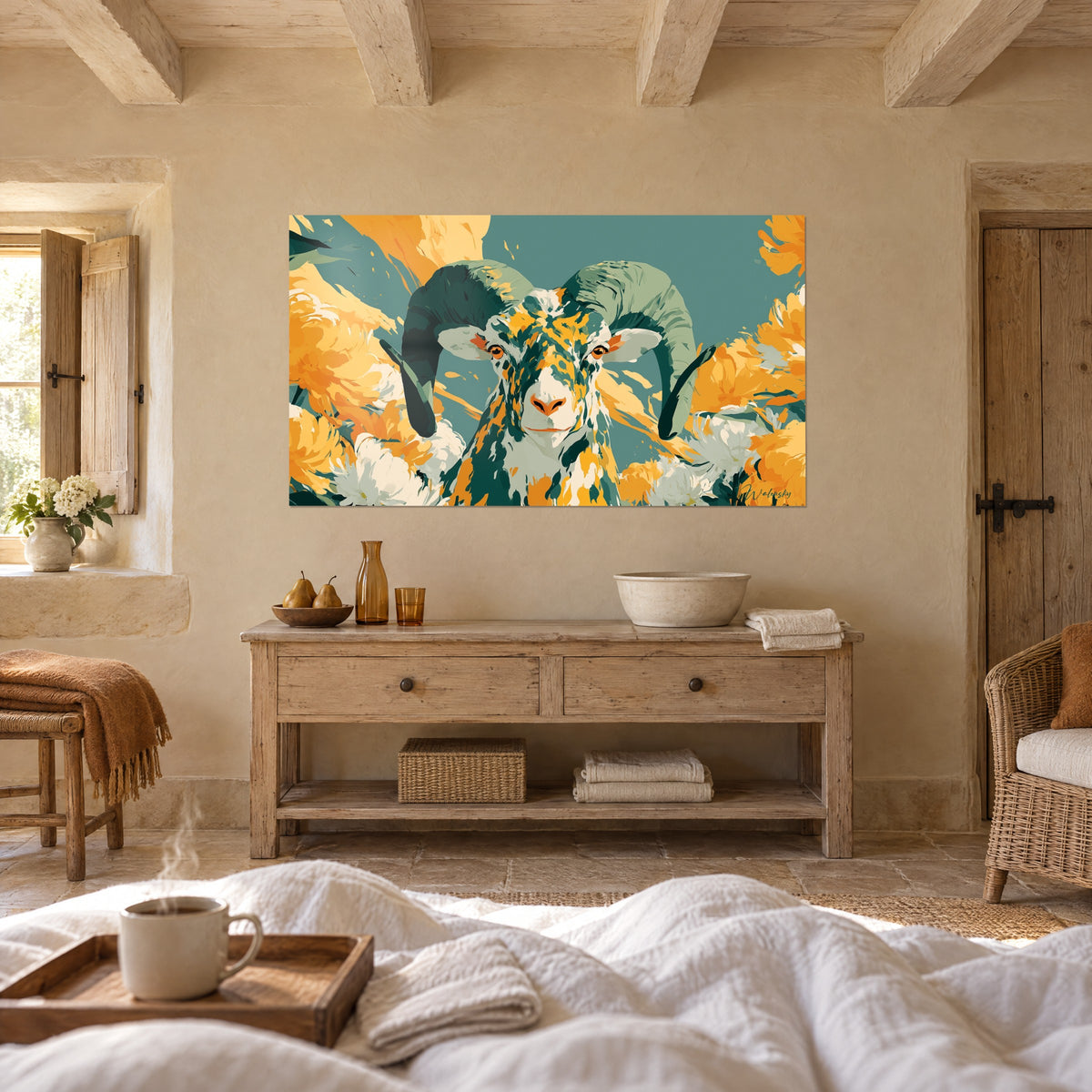 Wall art ram's head with a green and orange spotted coat, among white peonies, above a bed in a bright bedroom
