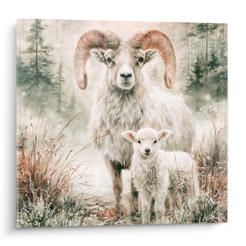 Tableau Bélier cornes ambrées agneau blanc forêt embrumée - Veille protectrice - Edition Bélier