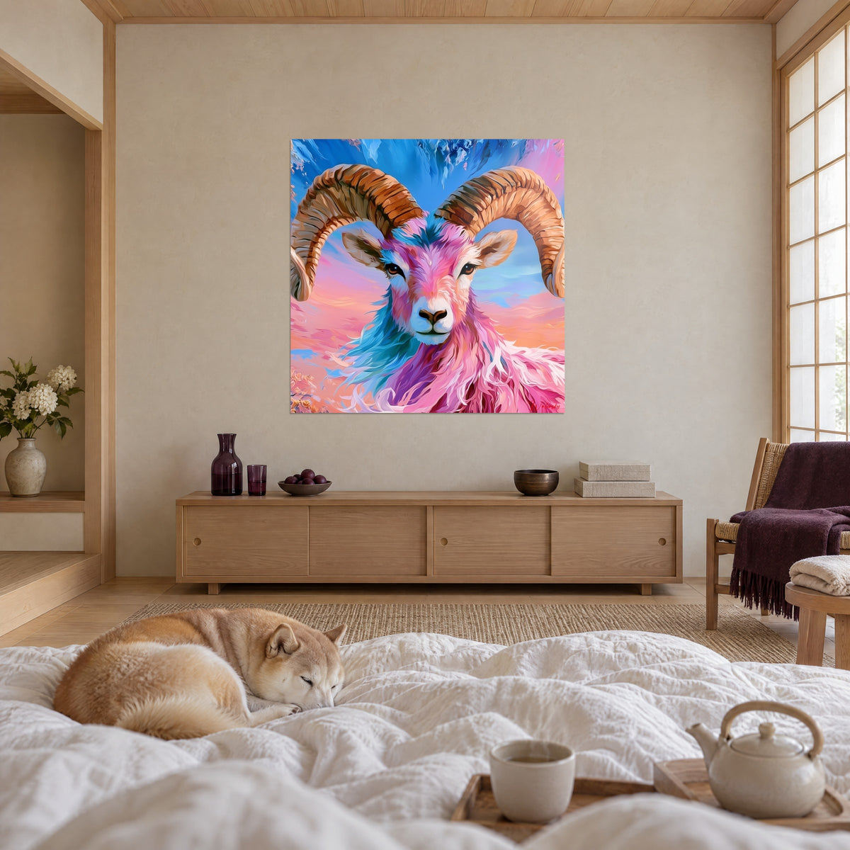 Schilderij rammenkop met grote amberkleurige hoorns, roze en turquoise vacht, tegenover een liggende Shiba, boven een bed in een lichte slaapkamer