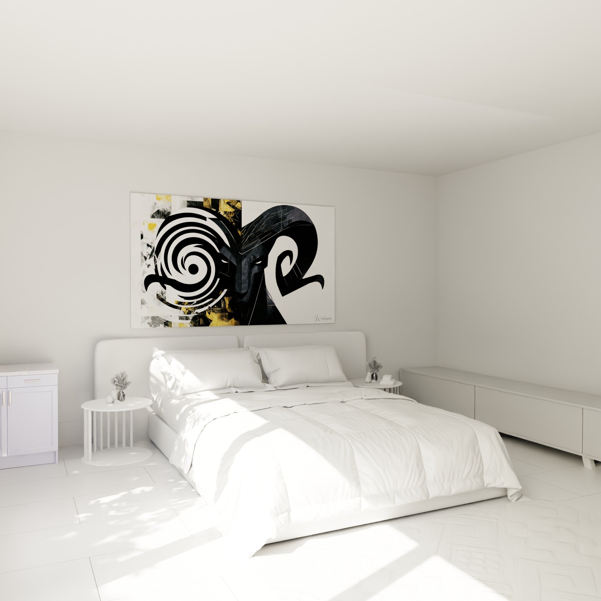 Cornes enroulées noires et éclats dorés du Bélier, accrochées au-dessus d'un lit dans une chambre claire