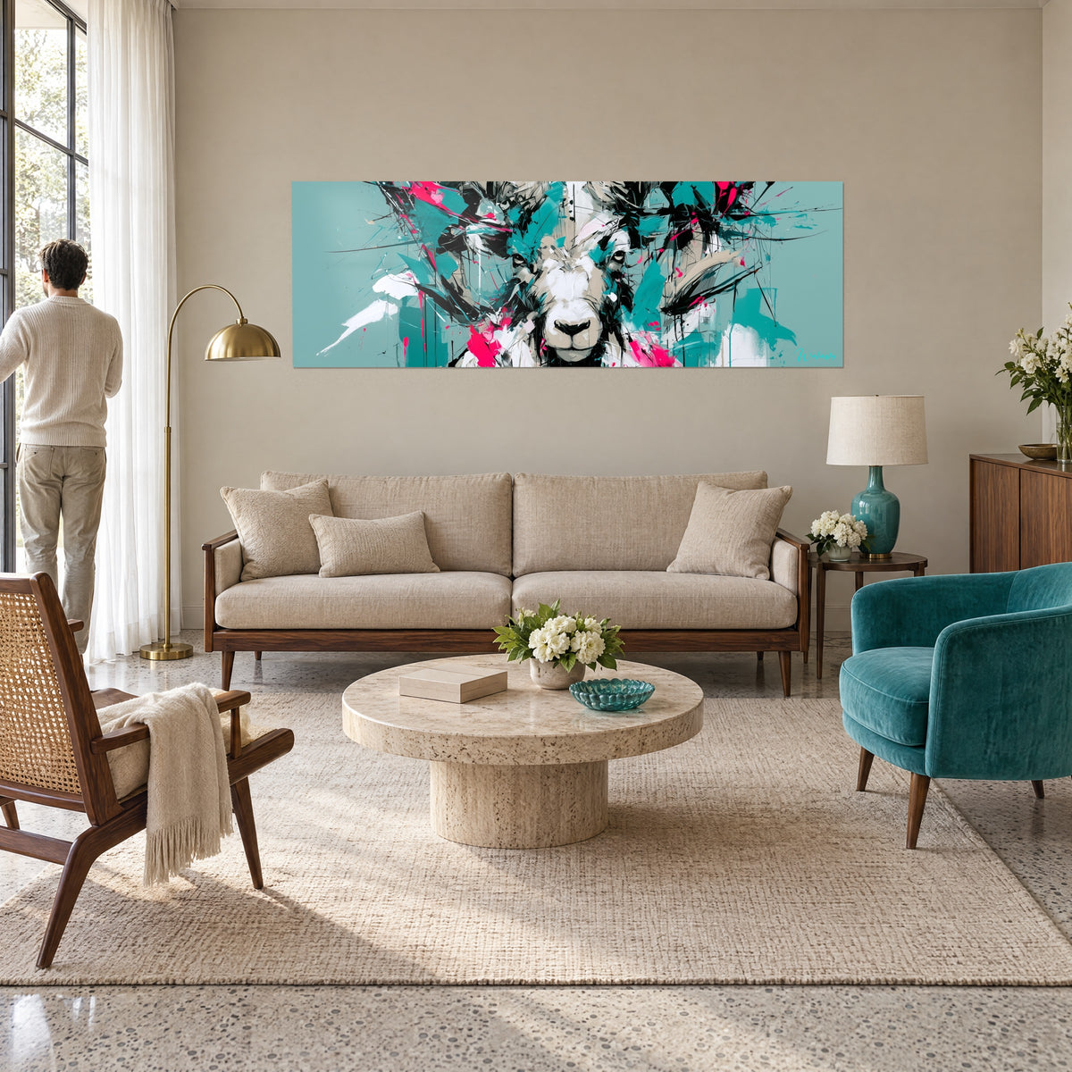 Schilderij ram met starre blik, turquoise en fuchsia spatten op zeegroene achtergrond, twee personen van achteren, boven een bank in een lichte woonkamer