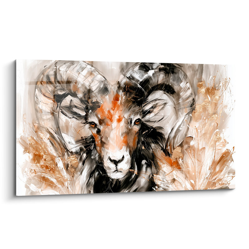 Tableau Bélier cornes anthracite reflets dorés herbes sèches - Face au sauvage - Edition Bélier